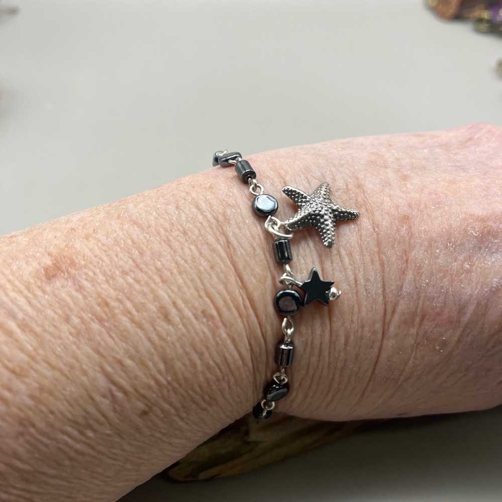 Handmade Sterling Silver & Hematite Starfish Beaded Charm Bracelet - Picture 3 of 4